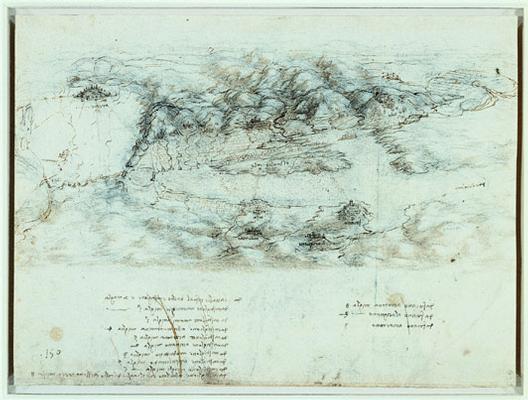 Leonardo da Vinci, Vista della Valdichiana,  Windsor, RL 12682, dimensioni: 20,9 x 28,1 (cm)
