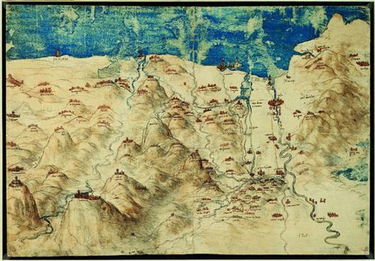 Leonardo da Vinci, Carta della Toscana occidentale,  Windsor, RL 12683, dimensioni: 27,5 x 40,1 (cm)