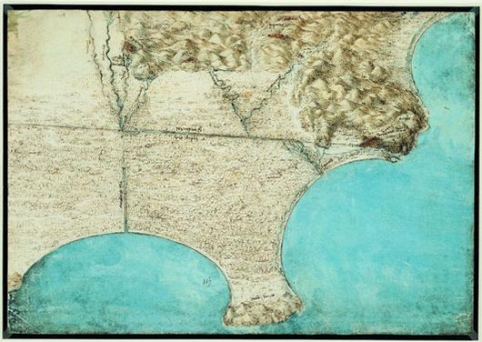 Leonardo da Vinci, Paludi Pontine, Windsor,  RL 12684, dimensioni: 27,7 x 40 (cm)
