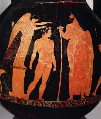Pelike attica a figure rosse del pittore di Peleo: incoronazione dell’atleta vincitore. Proveniente da Taranto, v. D'Alò Alfieri ang. v. Leonida, tomba. Terracotta, 450-430 a.C. h. ricostruita 34 cm. Taranto, Museo  Nazionale Archeologico