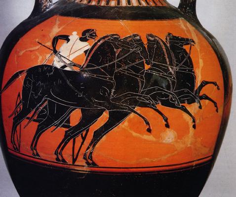 Anfora panatenaica attica a figure nere del pittore Kleophrades: quandriga. Proveniente da Taranto, Tomba dell’Atleta, v. Genova, 9. Terracotta, 510-520 a.C. Taranto, Museo  Nazionale Archeologico