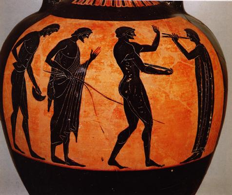 Anfora panatenaica attica a figure nere del pittore Kleophrades: atleta con gli halteres e discobolo  Proveniente da Taranto, Tomba dell’Atleta, v. Genova, 9 Terracotta, primo decennio del V sec. a.C.