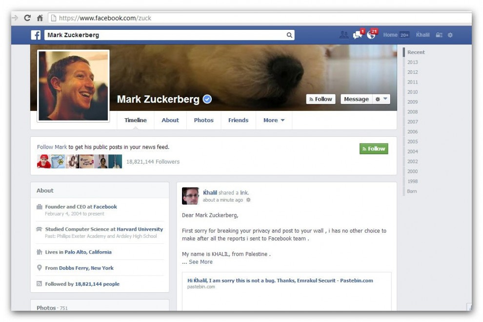 Hacker viola il profilo di Zuckerberg: "Avete un bug sulla privacy"&nbsp;