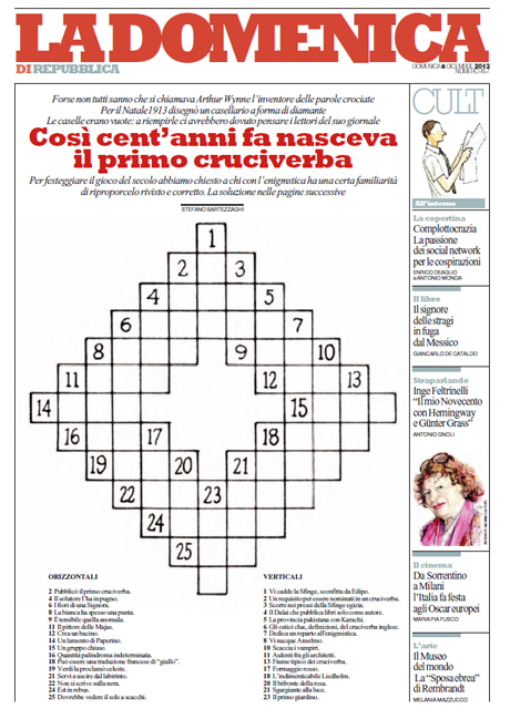 08 Dicembre 2013 - Così cent’anni fa nasceva il primo cruciverba